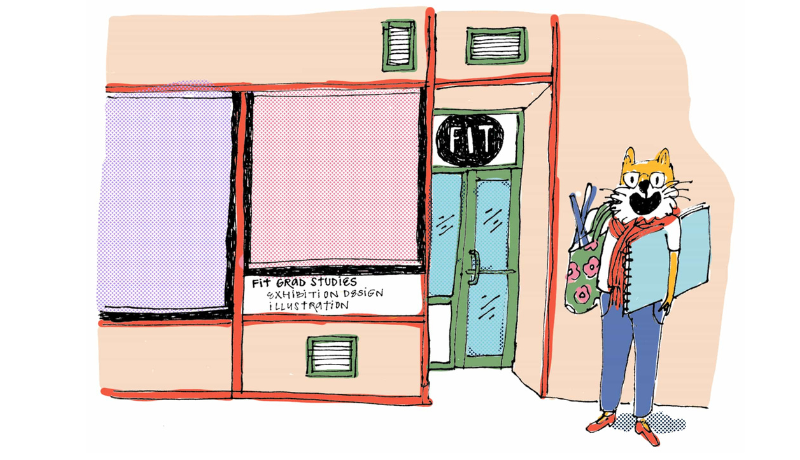 cartoon illustration of a cat as a human standing outside the storefront classroom of FIT's School of Graduate Studies