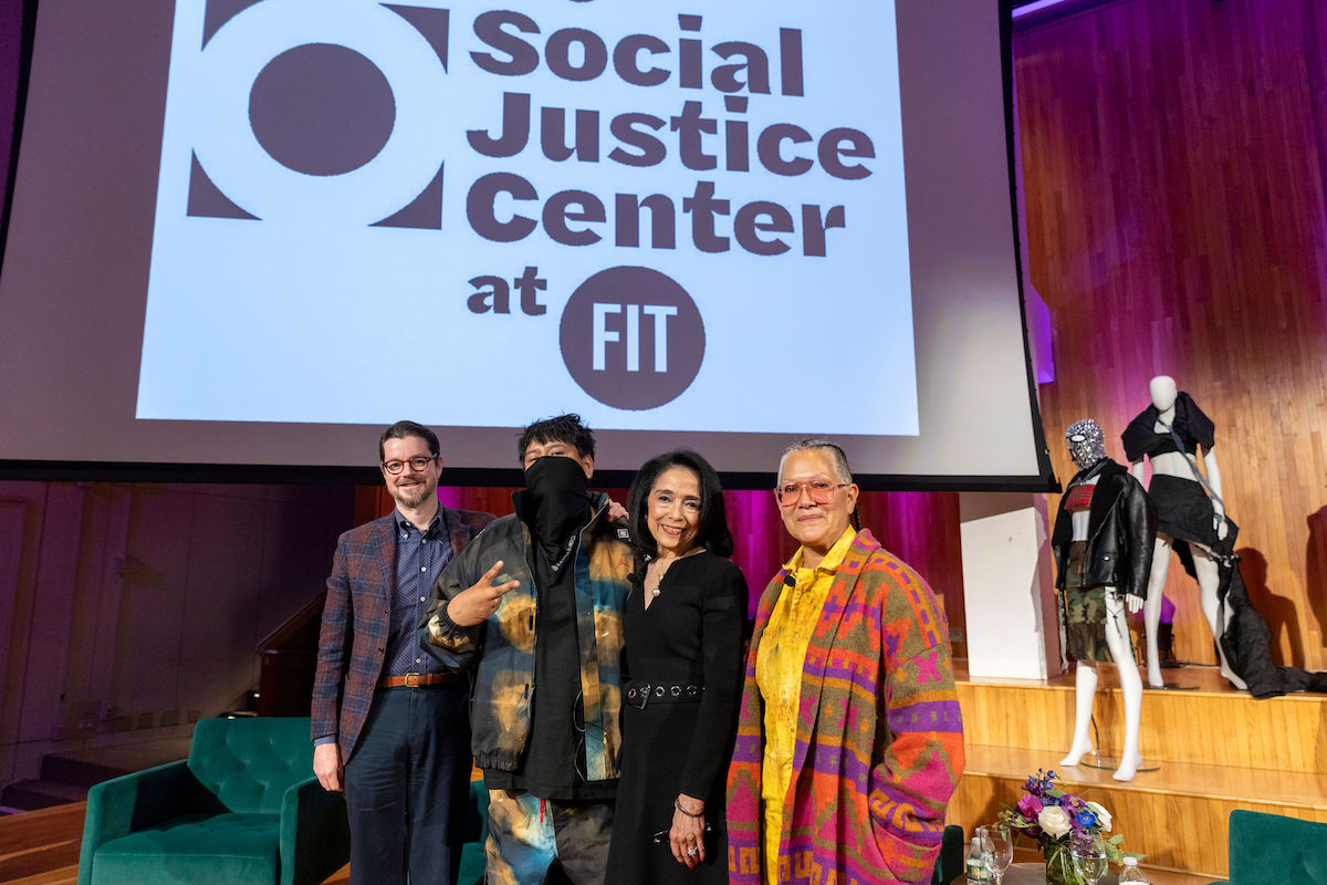 Joshua Whitehead, The Son of Picasso, President Joyce F. Brown, and Amy Denet Deal onstage at the Social Justice Center's Native American Heritage Month event
