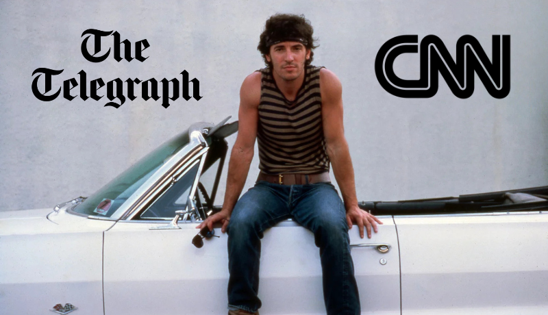 Bruce Springsteen sits on a white convertible in a tank top and jeans; The Telegraph and CNN logos