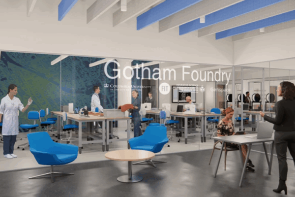 rendering of the inside of the Gotham Foundry with chairs and glassed-in offices with lab tables