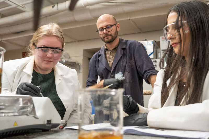 Professor Julian Silverman observes two students doing hand-on work in the chemistry lab.