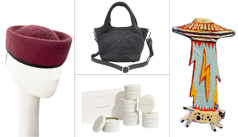 four panel image with burgundy colored hat, black braided leather purse, assortment of bath products in white tins, and artwork depicting a spaceship beaming up a cow