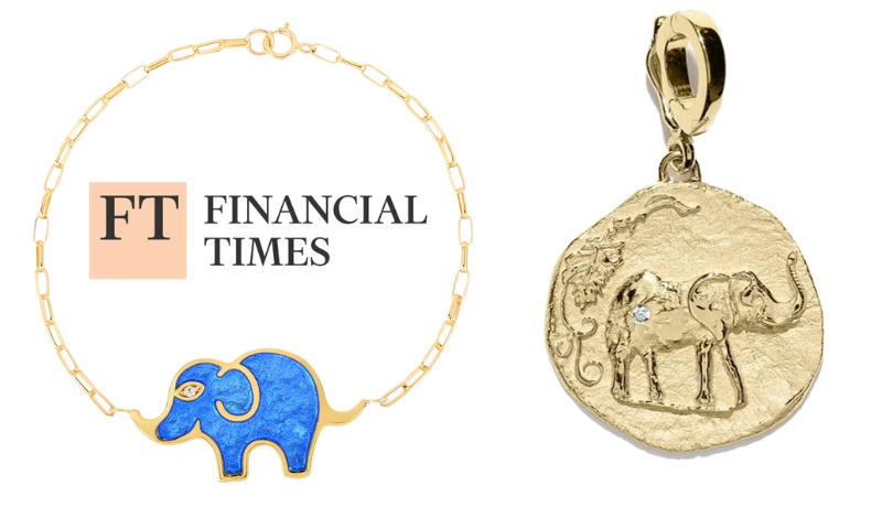a necklace with a blue elephant and a round gold charm with an elephant; Financial Times logo