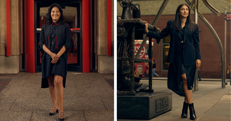 Tanya Melendez-Escalante stands in front of the Museum at FIT entrance; Natalie Nudell stands on Seventh Avenue near the Garment District