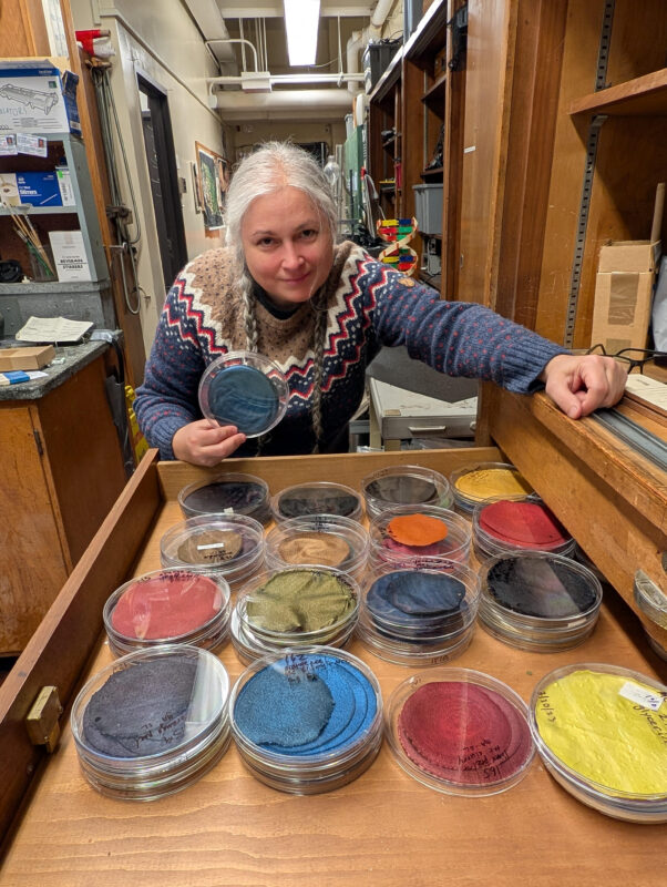Gwen Sanchirico, a technologist in the Department of Science and Math, stands beside some of the petri dishes of biomaterials samples. These are part of the collection tucked away in a wall of drawers in her lab, where she is building FIT's first biomaterials reference library.
