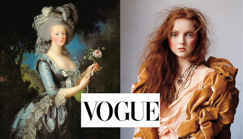 painting of Marie Antoinette; woman with romantic long hair and a velvet garment with lots of blush 