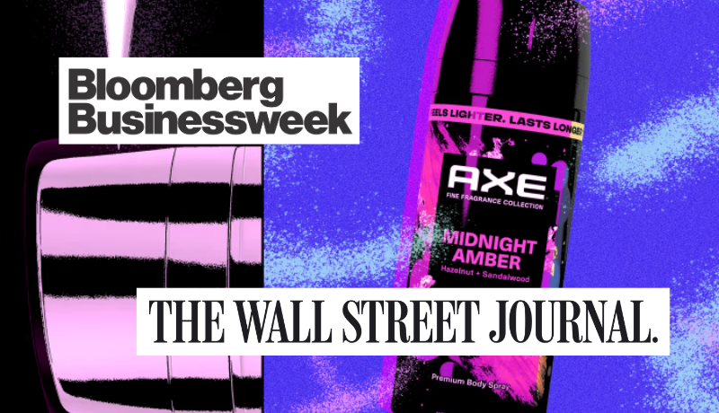 artistic rendering of an Axe body spray bottle; Bloomberg Businessweek logo; Wall Street Journal logo
