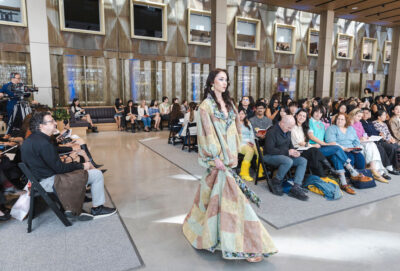 A model walks the runway during the FIT's 2026 Future of Fashion runway show