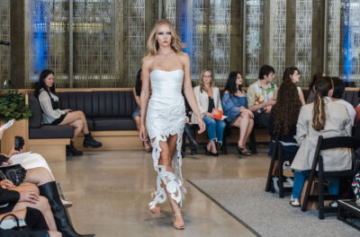 A model walks the runway during the FIT's 2026 Future of Fashion runway show