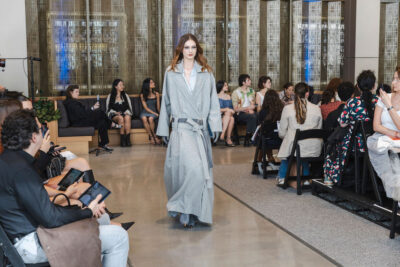 A model walks the runway during the FIT's 2026 Future of Fashion runway show