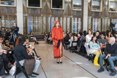 A model walks the runway during the FIT's 2026 Future of Fashion runway show