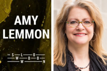 Logo from The Slowdown podcast and Amy Lemmon photo