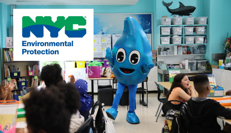 Drippy mascot in a classroom; NYCDEP logo