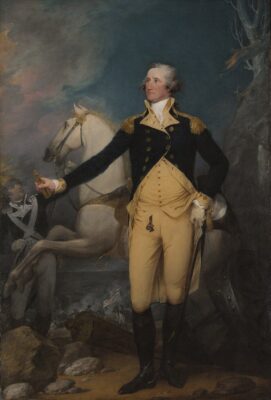 A painting of George Washington with his horse. GW wears buff colored breeches under a navy coat.