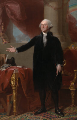 President George Washington wearing a black suit.