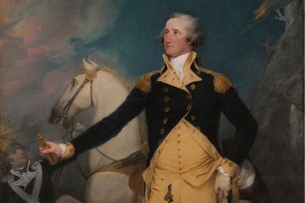 A painting of George Washington with his horse. GW wears buff colored breeches under a navy coat.
