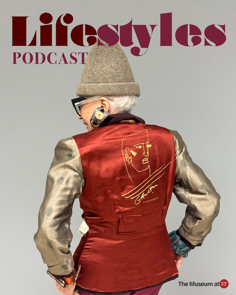 back of older woman wearing a satin blazer with a design on the back and a hat; Lifestyles podcast logo