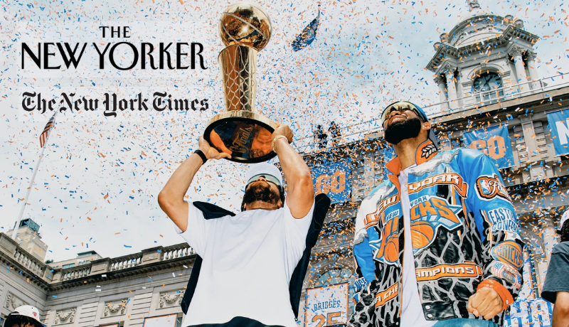 two basketball players stand in front of NY City Hall in the midst of confetti; The New Yorker and The New York Times logos