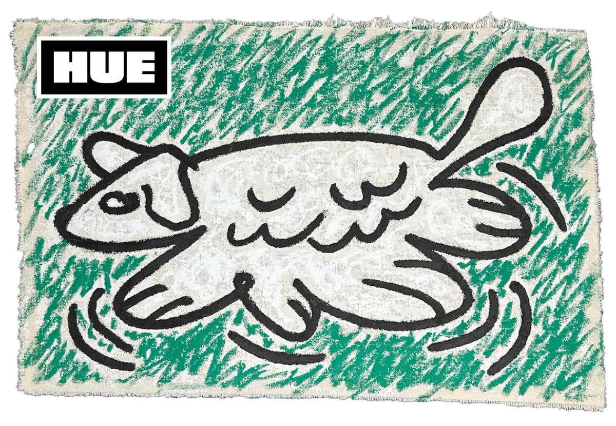 illustration of a white dog running on a green background; Hue logo