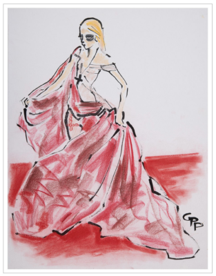 Fashion illustration of a blond woman in a red gown