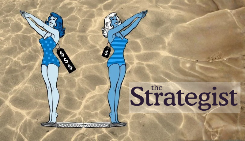 illustration of two women poised to dive in swimsuits with price tags with dollar signs attached; The Strategist logo