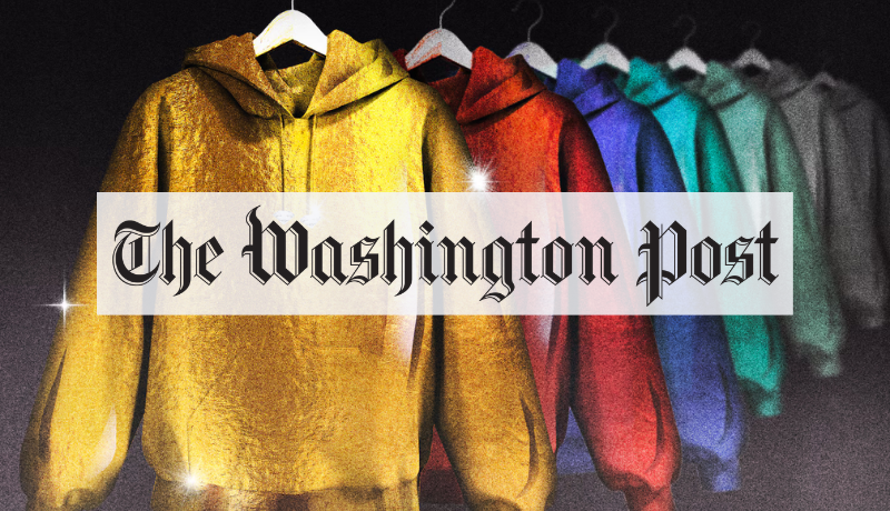 multiple hoodies on hangers arranged in rainbow color; The Washington Post logo