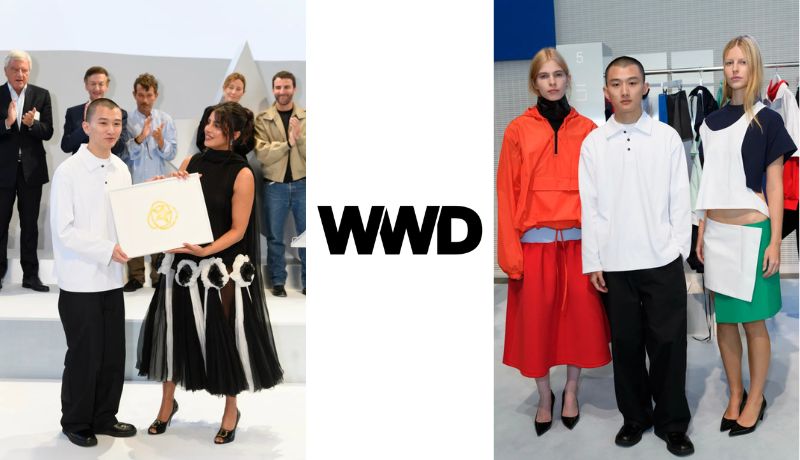 Zane Li accepting his award from Priyanka Chopra Jonas; WWD logo; Li flanked by two models wearing his designs