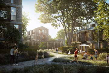 architects' rendering of a number of modern buildings surrounded by greenery and trees with humans recreating in different ways—running, walking, etc.