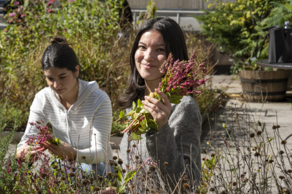 A smiling student holds up a bouquet of dye plants