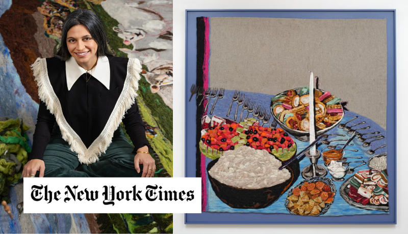 photo of Melissa Joseph; photo of Joseph's artwork, a needle-felted work of a colorful dinner table with bowls and plates of food; The New York Times logo