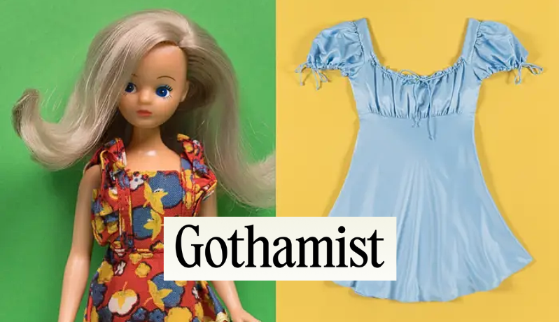 Barbie-like doll in a floral dress on a green background and a blue doll dress on a yellow background; Gothamist logo